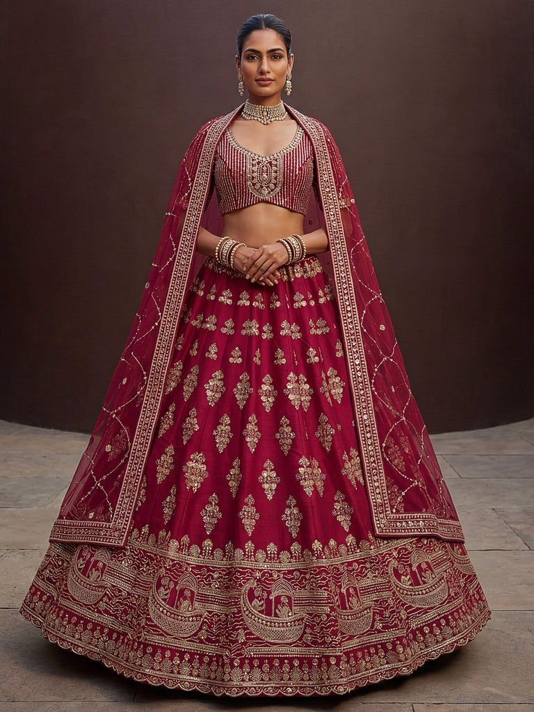 Classy Pink Sequins Silk Bridal Lehenga Choli With Double Dupatta