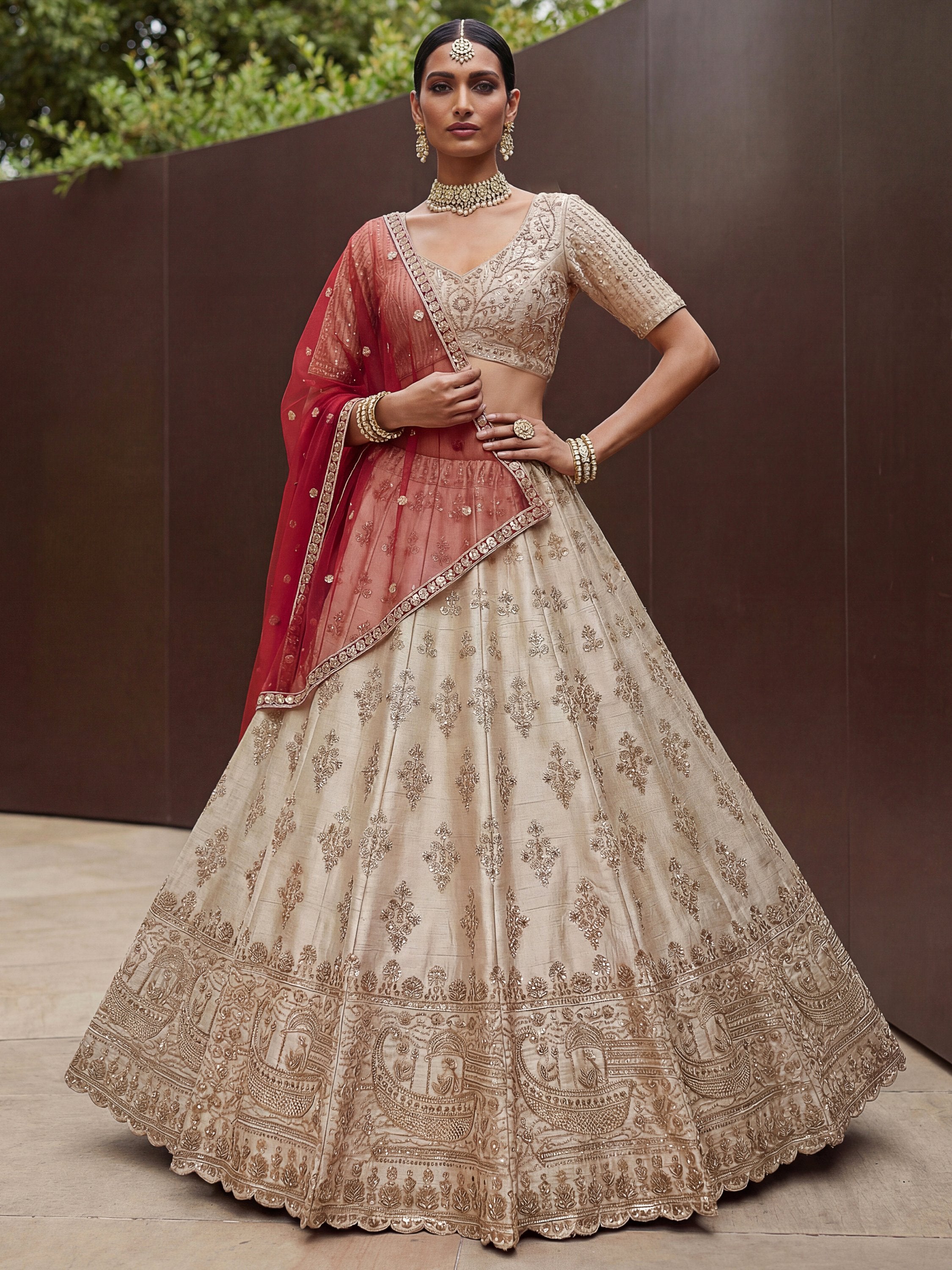Lavish Beige Zari Work Silk Bridal Lehenga Choli With Double Dupatta