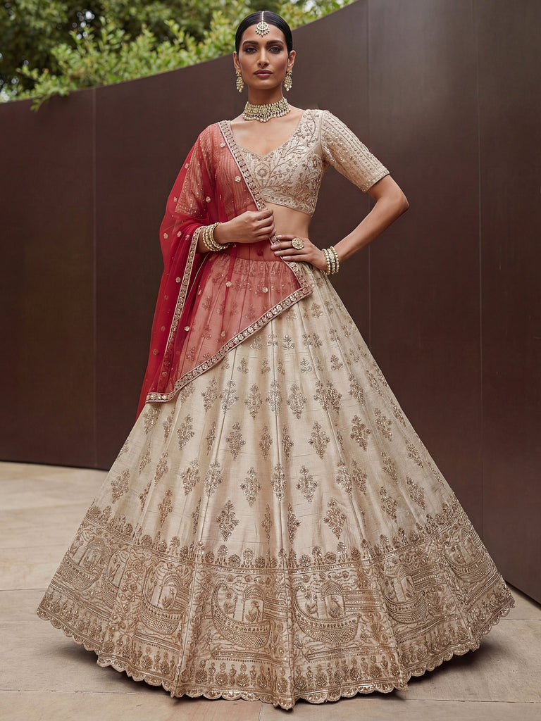 Lavish Beige Zari Work Silk Bridal Lehenga Choli With Double Dupatta