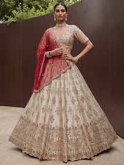 Lavish Beige Zari Work Silk Bridal Lehenga Choli With Double Dupatta