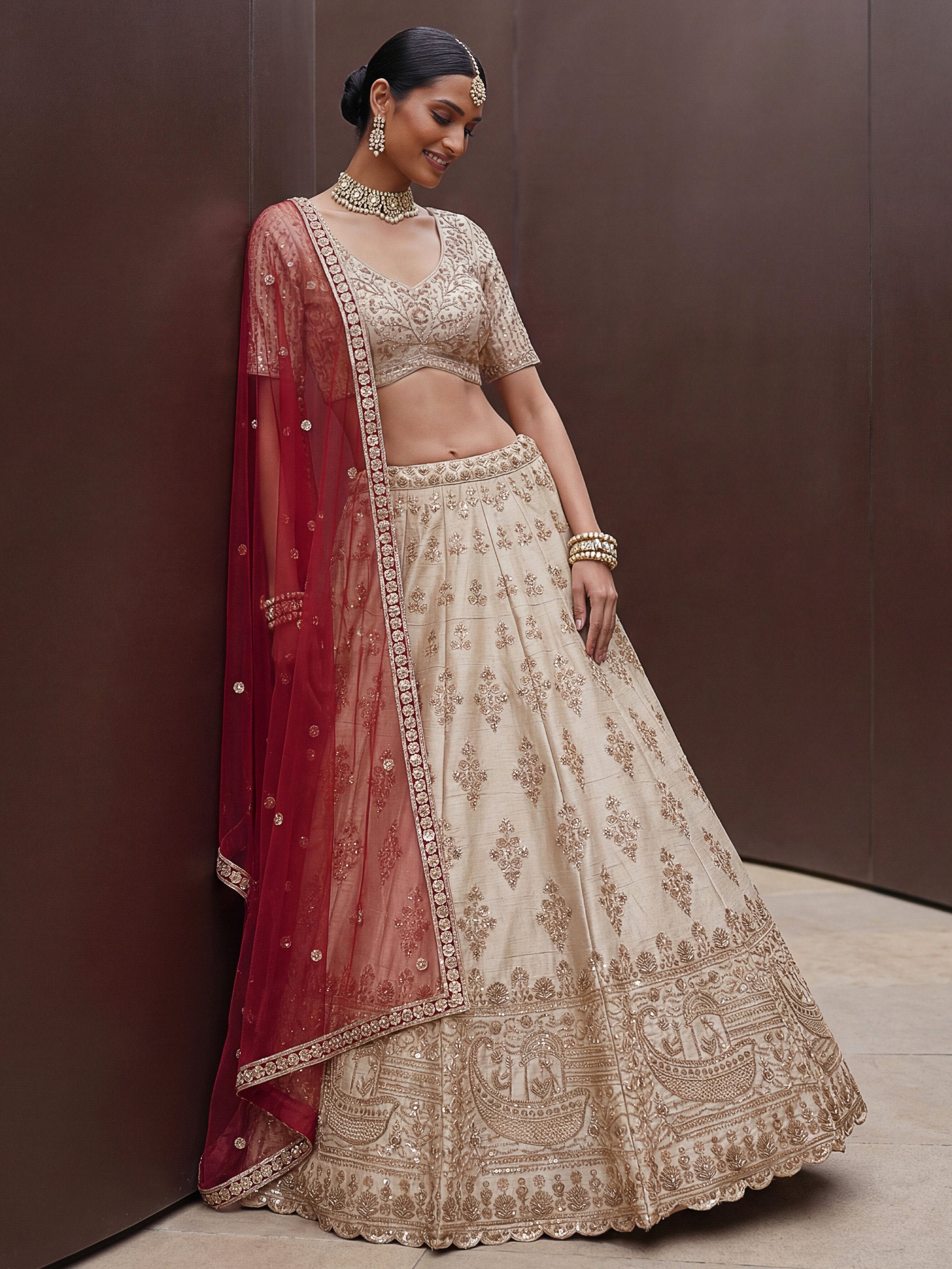 Lavish Beige Zari Work Silk Bridal Lehenga Choli With Double Dupatta