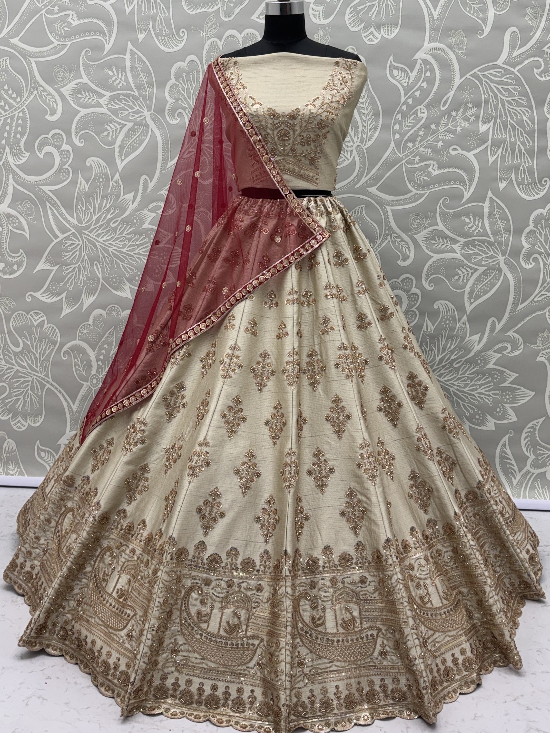 Lavish Beige Zari Work Silk Bridal Lehenga Choli With Double Dupatta