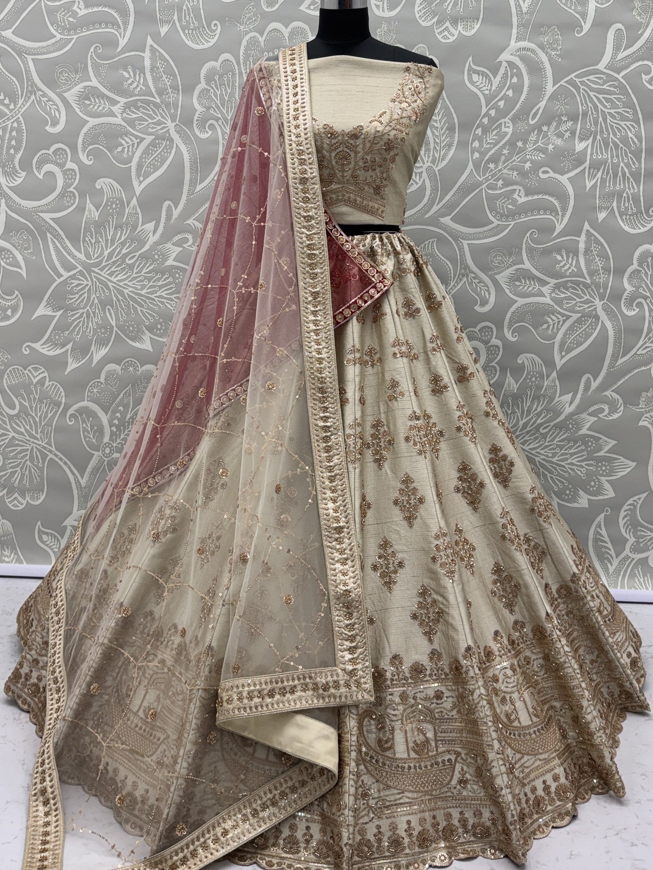 Lavish Beige Zari Work Silk Bridal Lehenga Choli With Double Dupatta