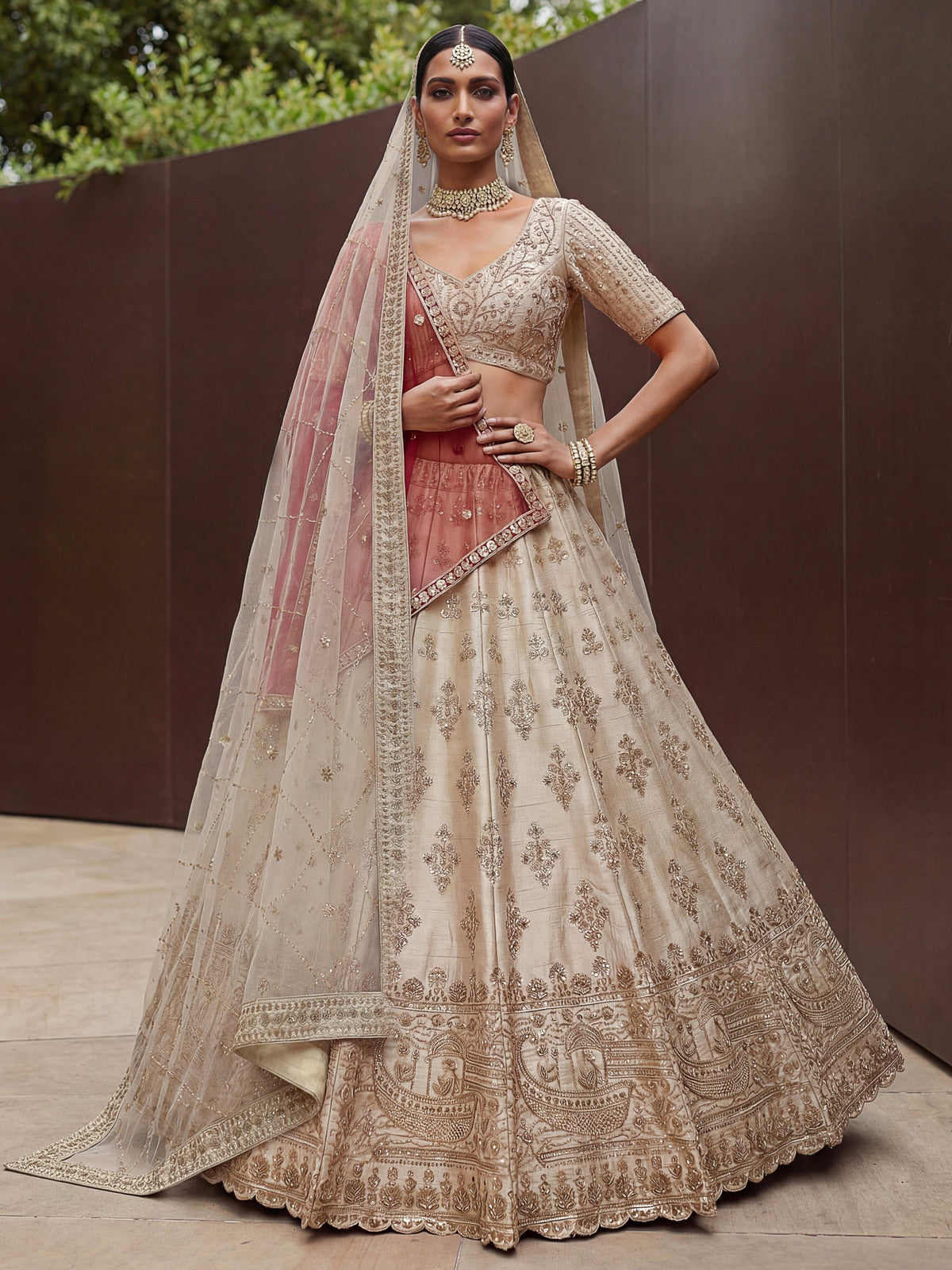 Lavish Beige Zari Work Silk Bridal Lehenga Choli With Double Dupatta