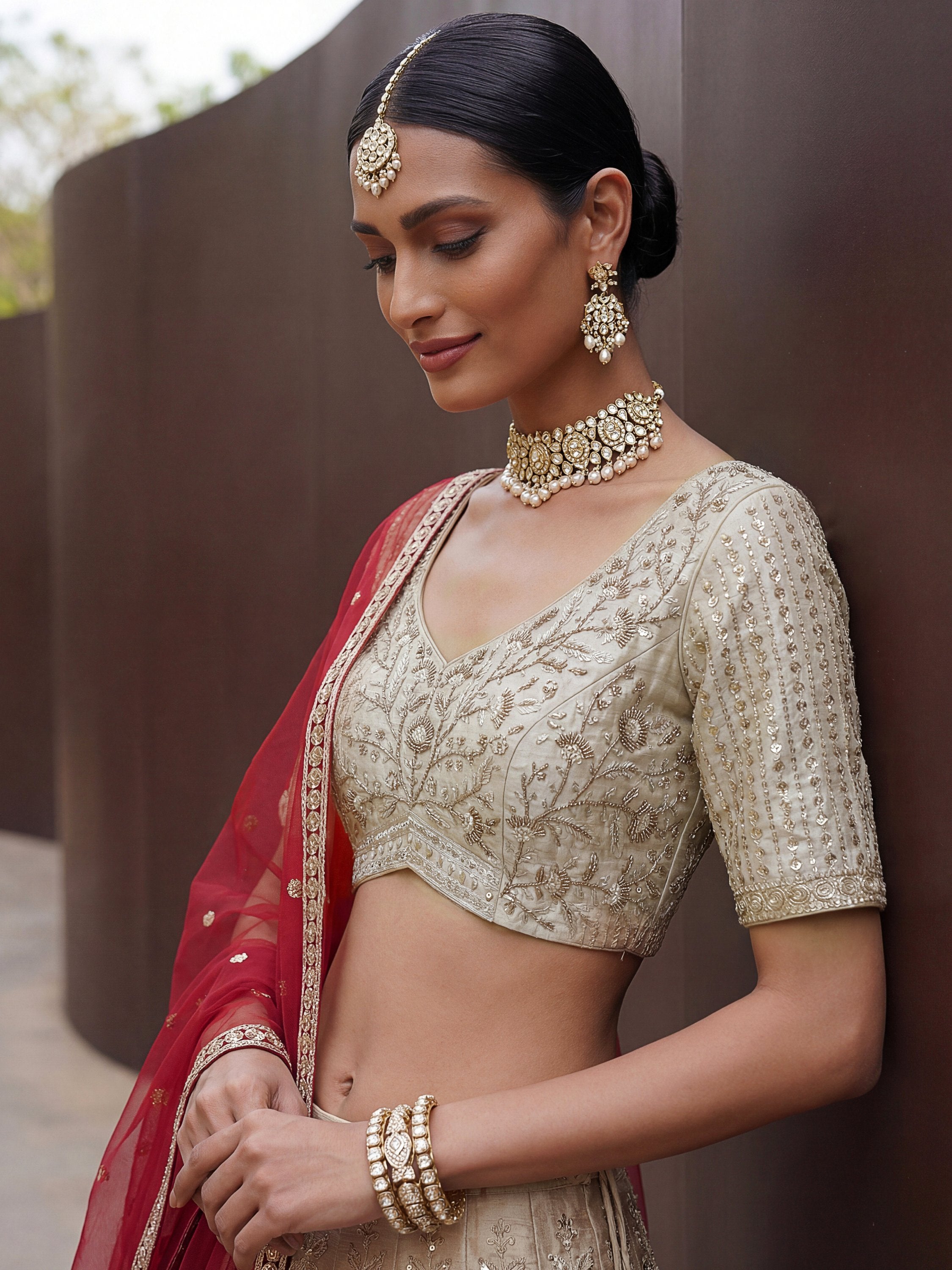 Lavish Beige Zari Work Silk Bridal Lehenga Choli With Double Dupatta