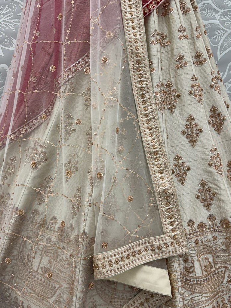 Lavish Beige Zari Work Silk Bridal Lehenga Choli With Double Dupatta