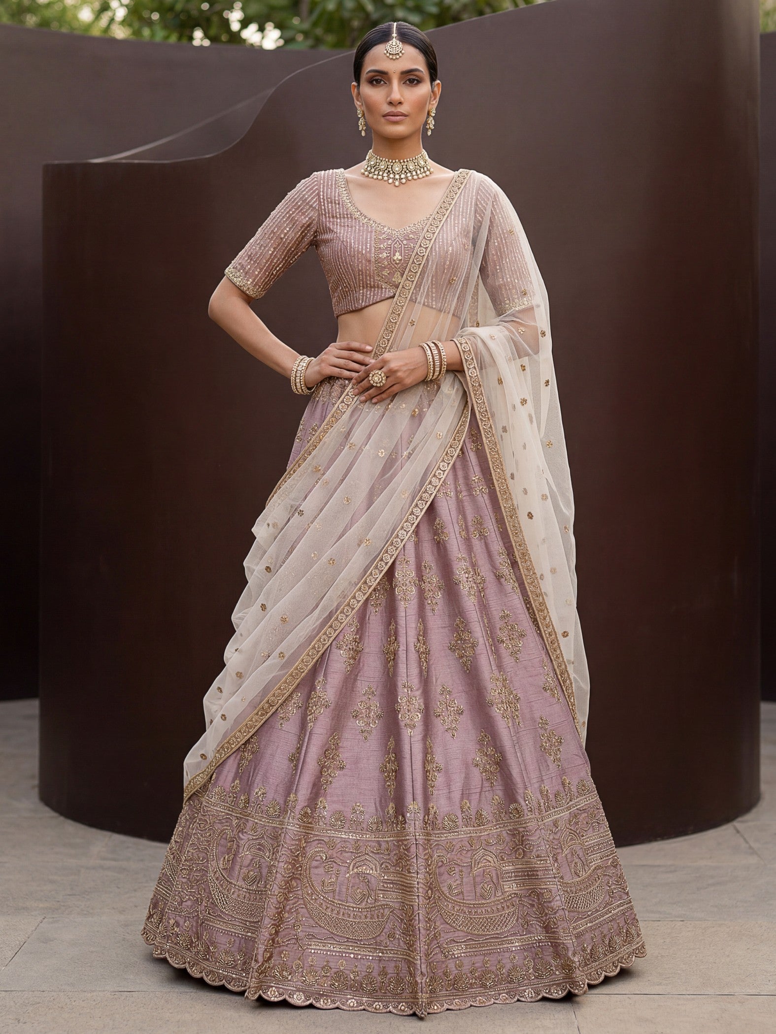 Alluring Mauve Hand Embroidery Silk Lehenga Choli With Double Dupatta
