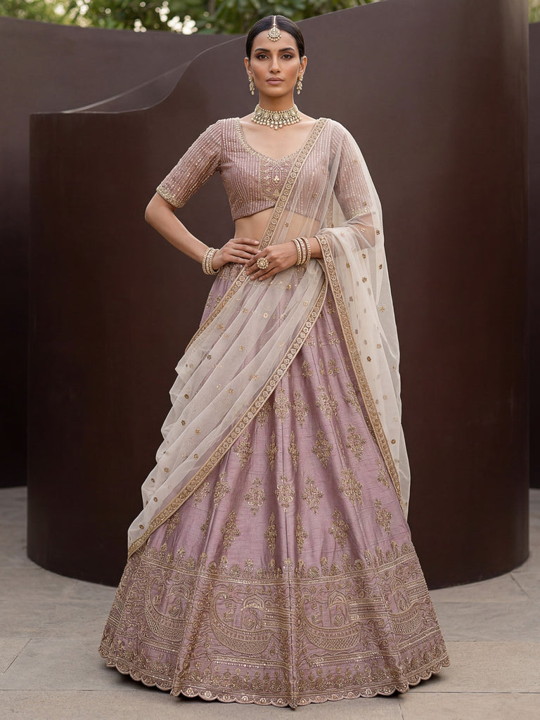 Alluring Mauve Hand Embroidery Silk Lehenga Choli With Double Dupatta