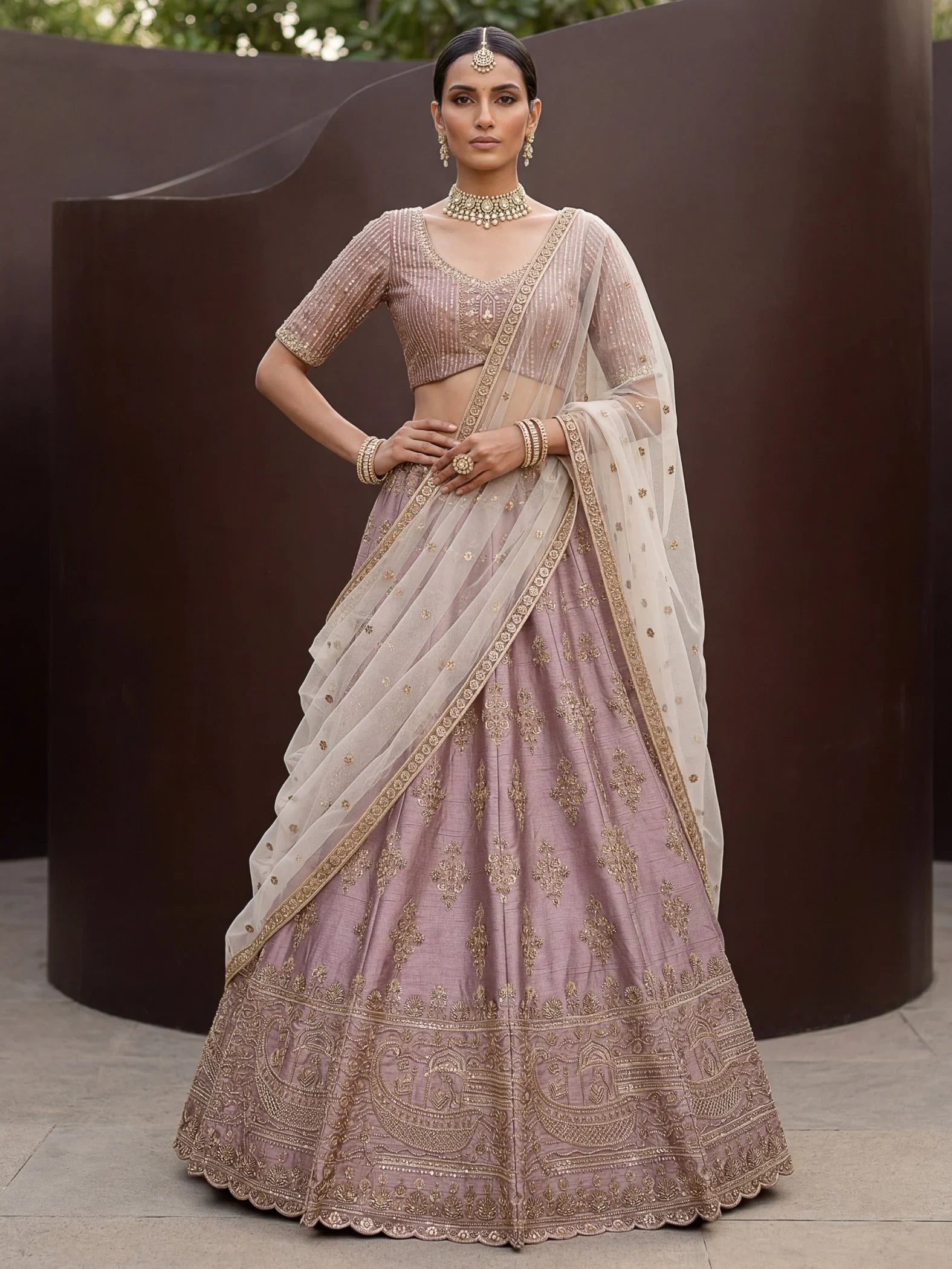 Alluring Mauve Hand Embroidery Silk Lehenga Choli With Double Dupatta