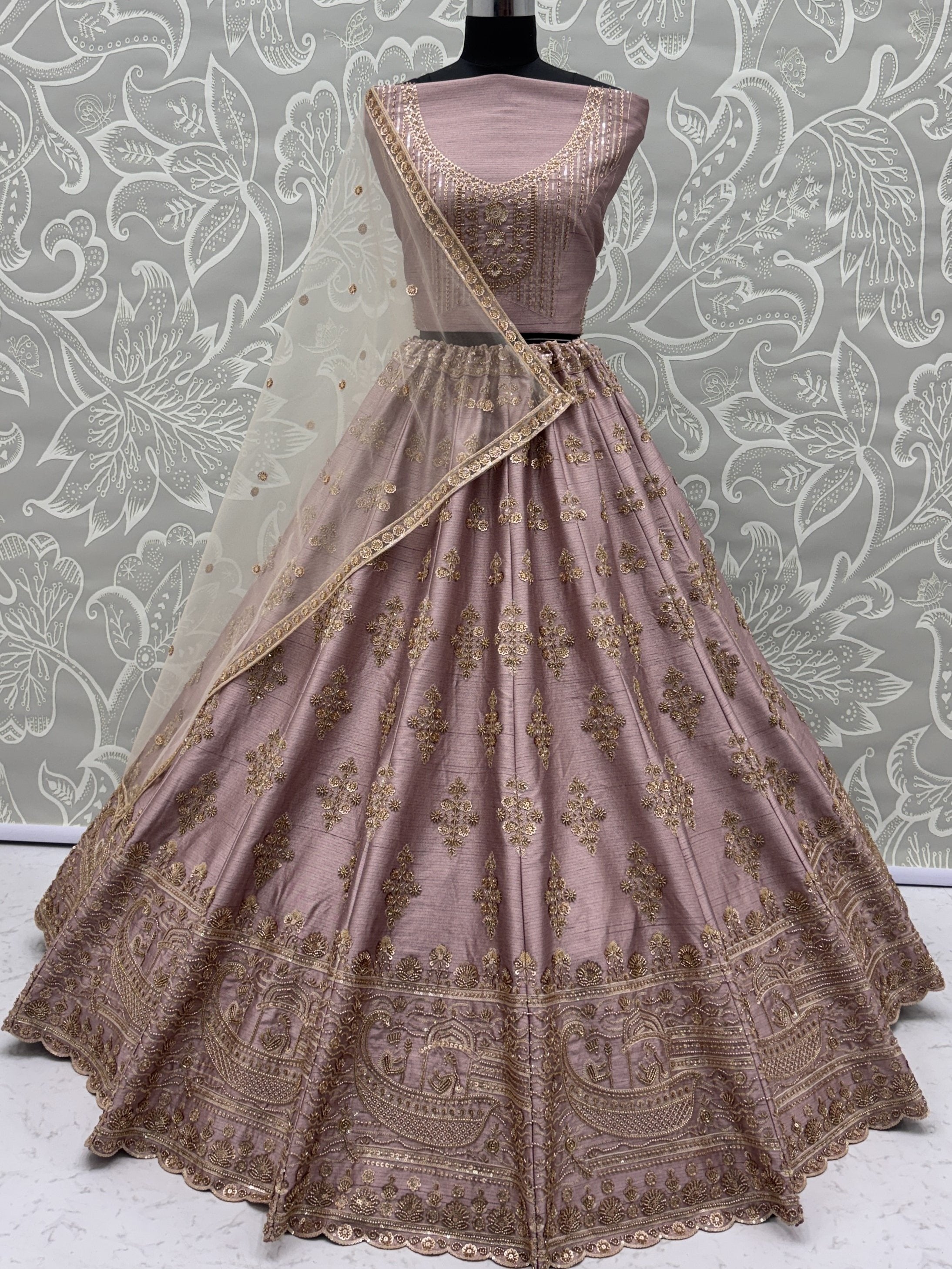 Alluring Mauve Hand Embroidery Silk Lehenga Choli With Double Dupatta