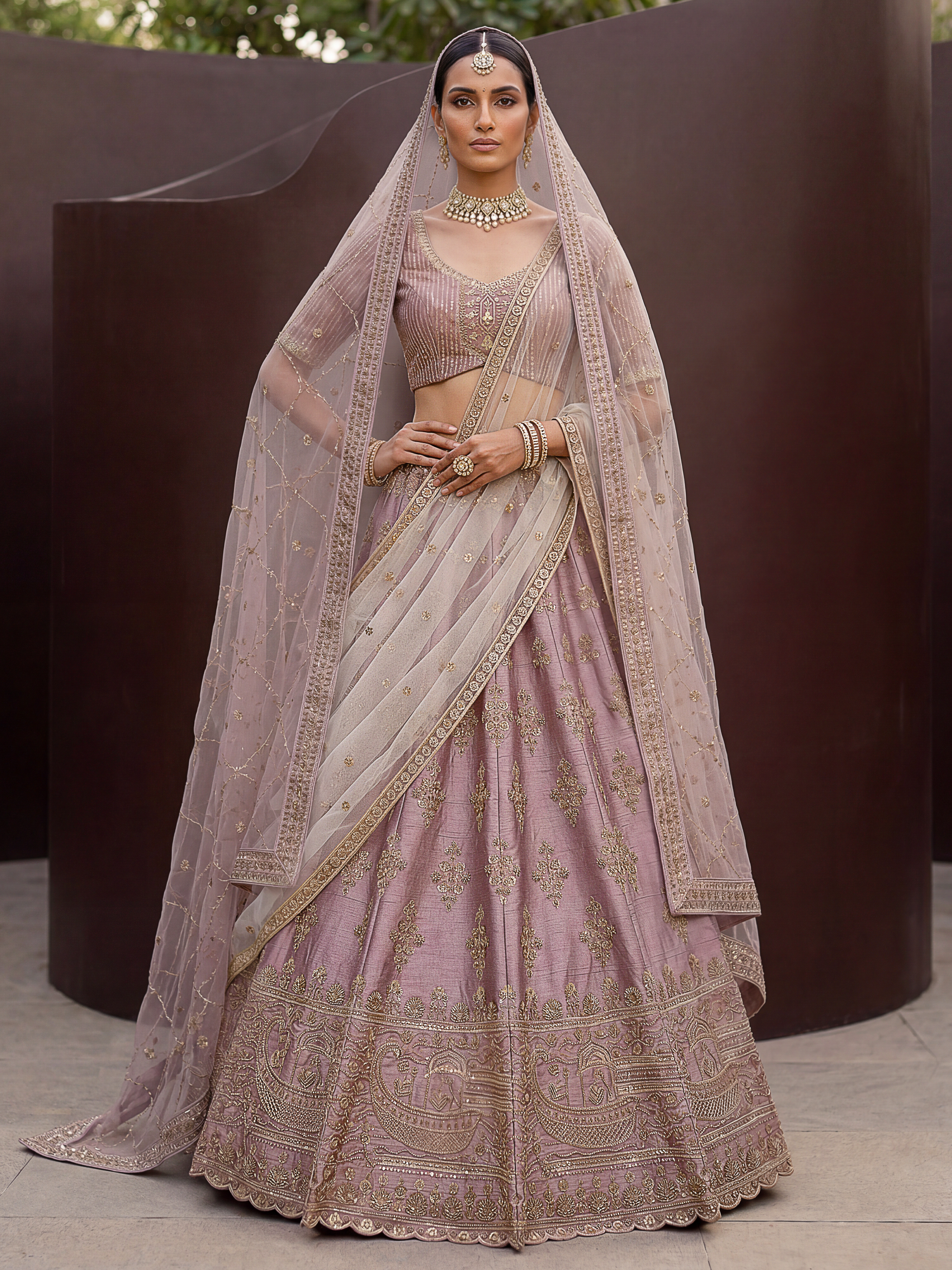Alluring Mauve Hand Embroidery Silk Lehenga Choli With Double Dupatta