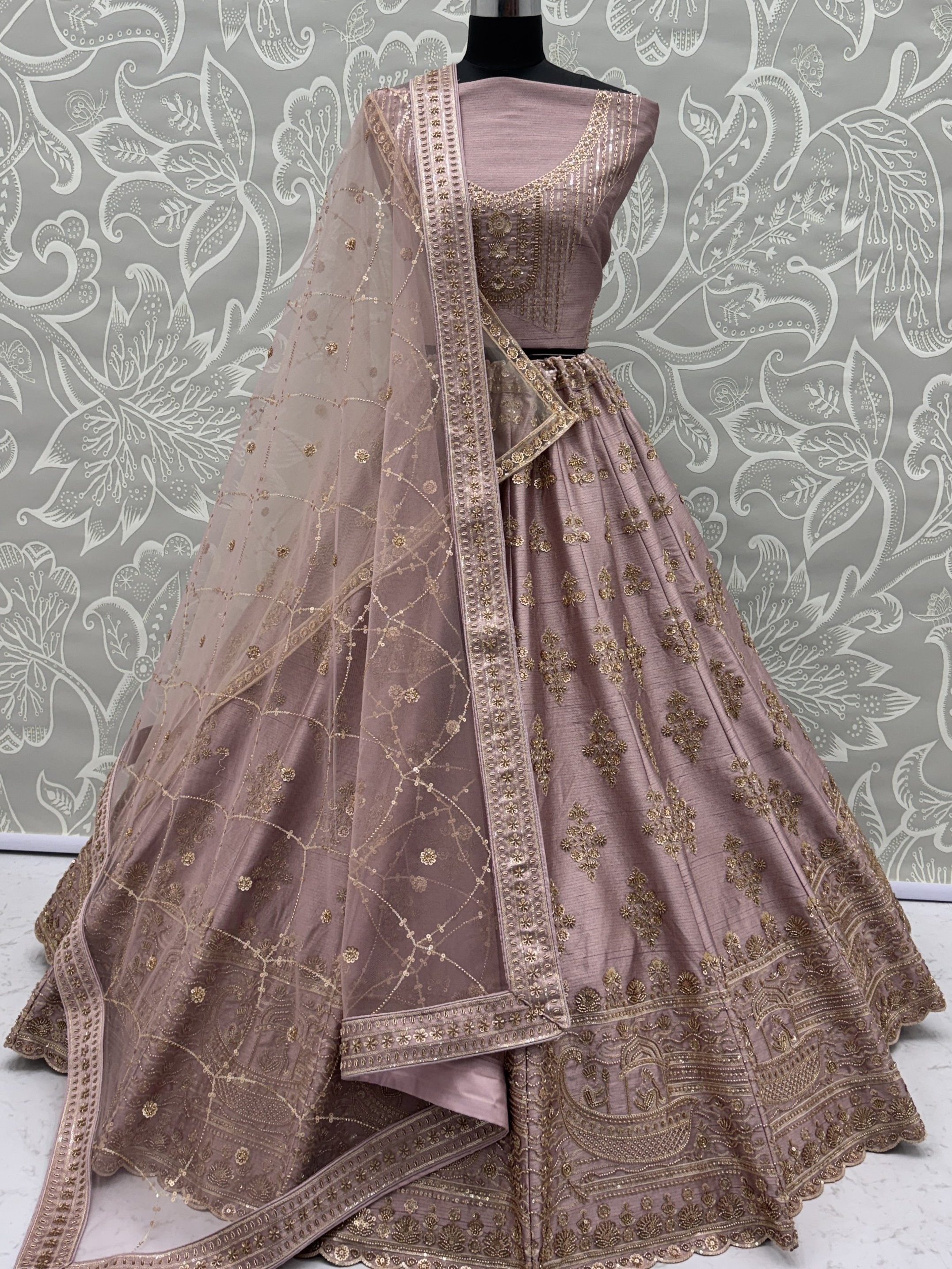 Alluring Mauve Hand Embroidery Silk Lehenga Choli With Double Dupatta