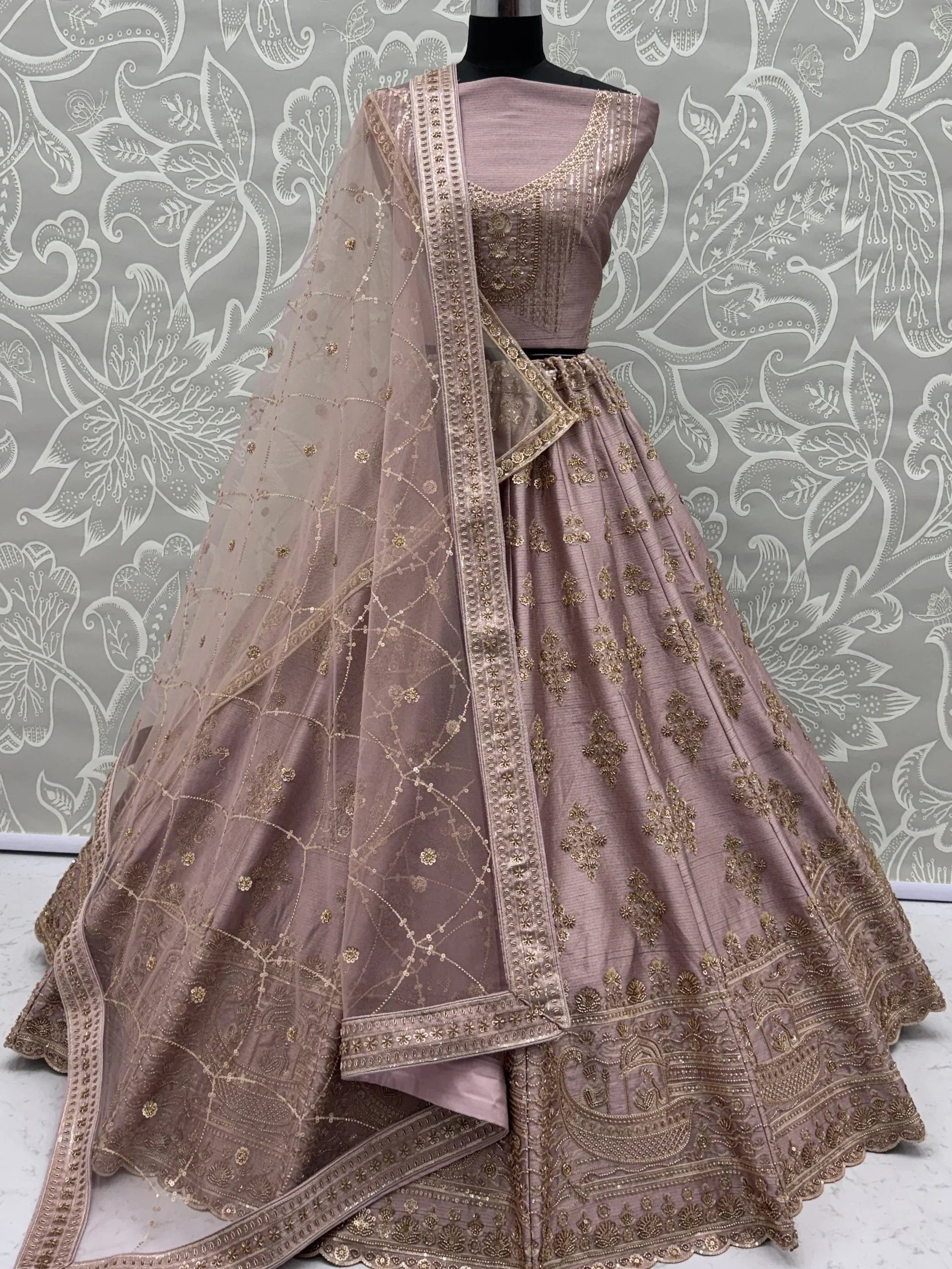 Alluring Mauve Hand Embroidery Silk Lehenga Choli With Double Dupatta