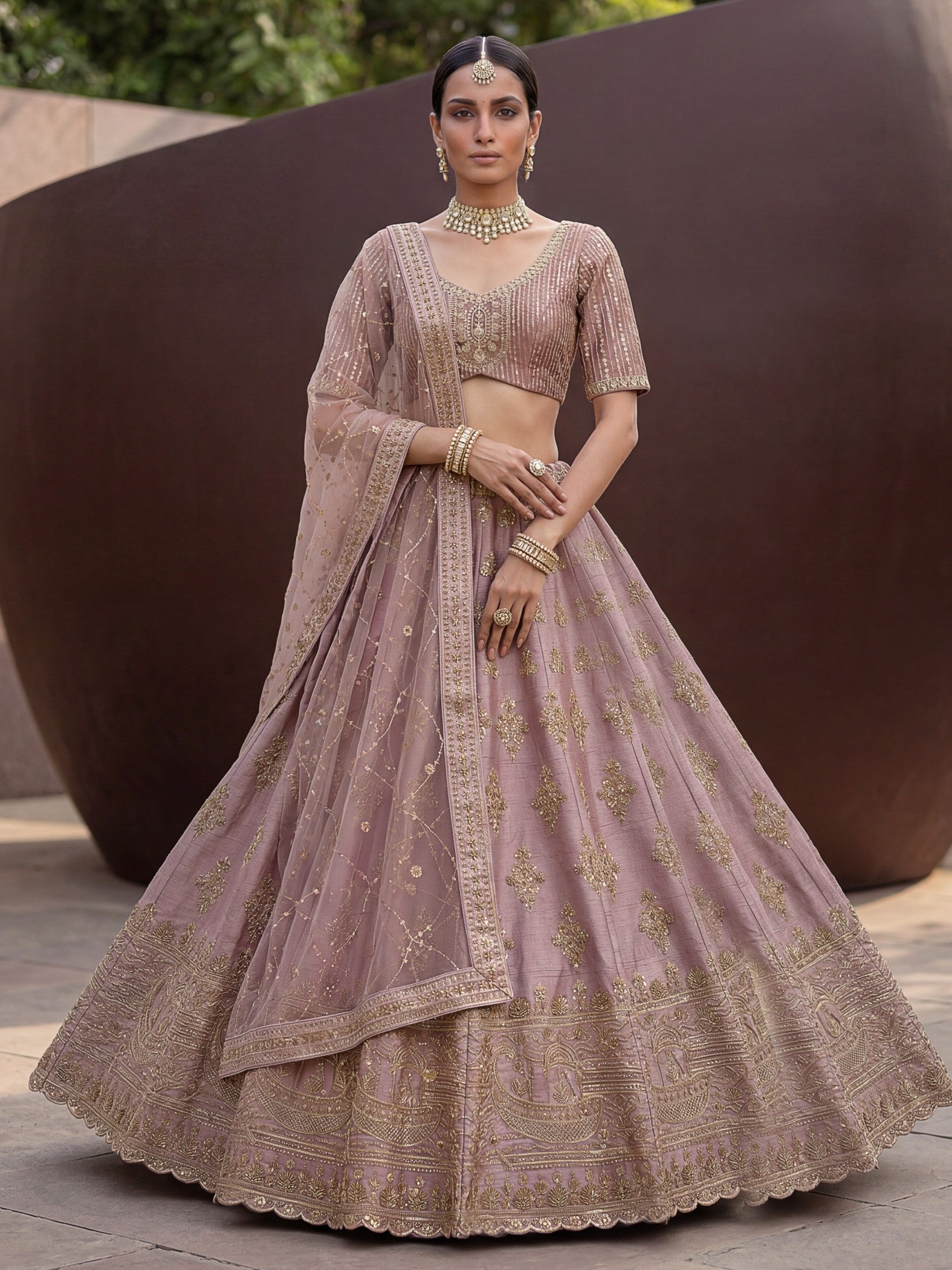 Alluring Mauve Hand Embroidery Silk Lehenga Choli With Double Dupatta