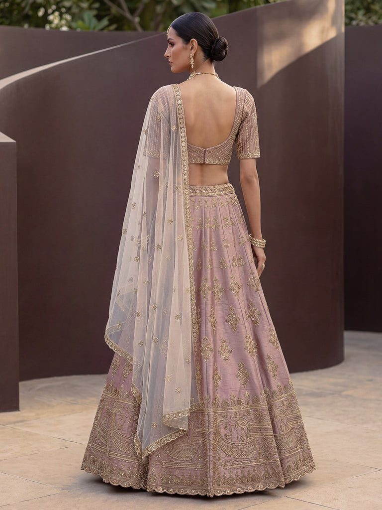 Alluring Mauve Hand Embroidery Silk Lehenga Choli With Double Dupatta