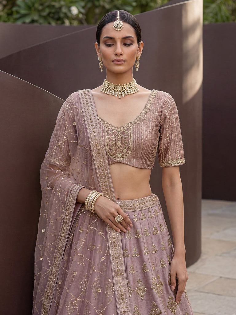 Alluring Mauve Hand Embroidery Silk Lehenga Choli With Double Dupatta