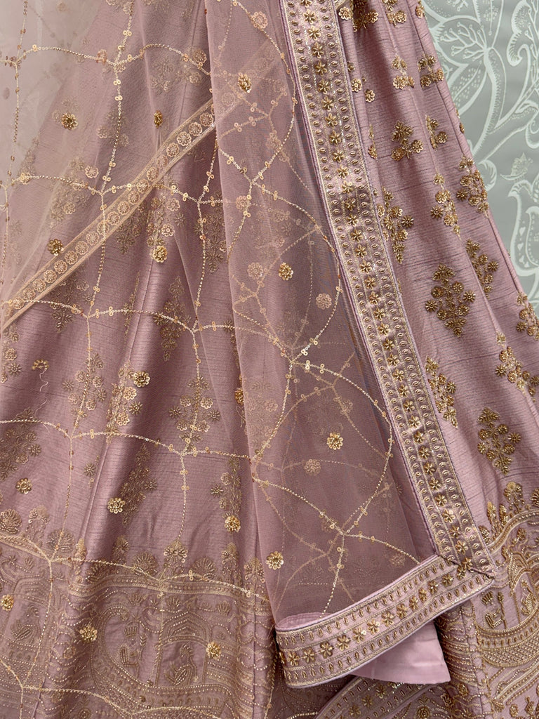 Alluring Mauve Hand Embroidery Silk Lehenga Choli With Double Dupatta