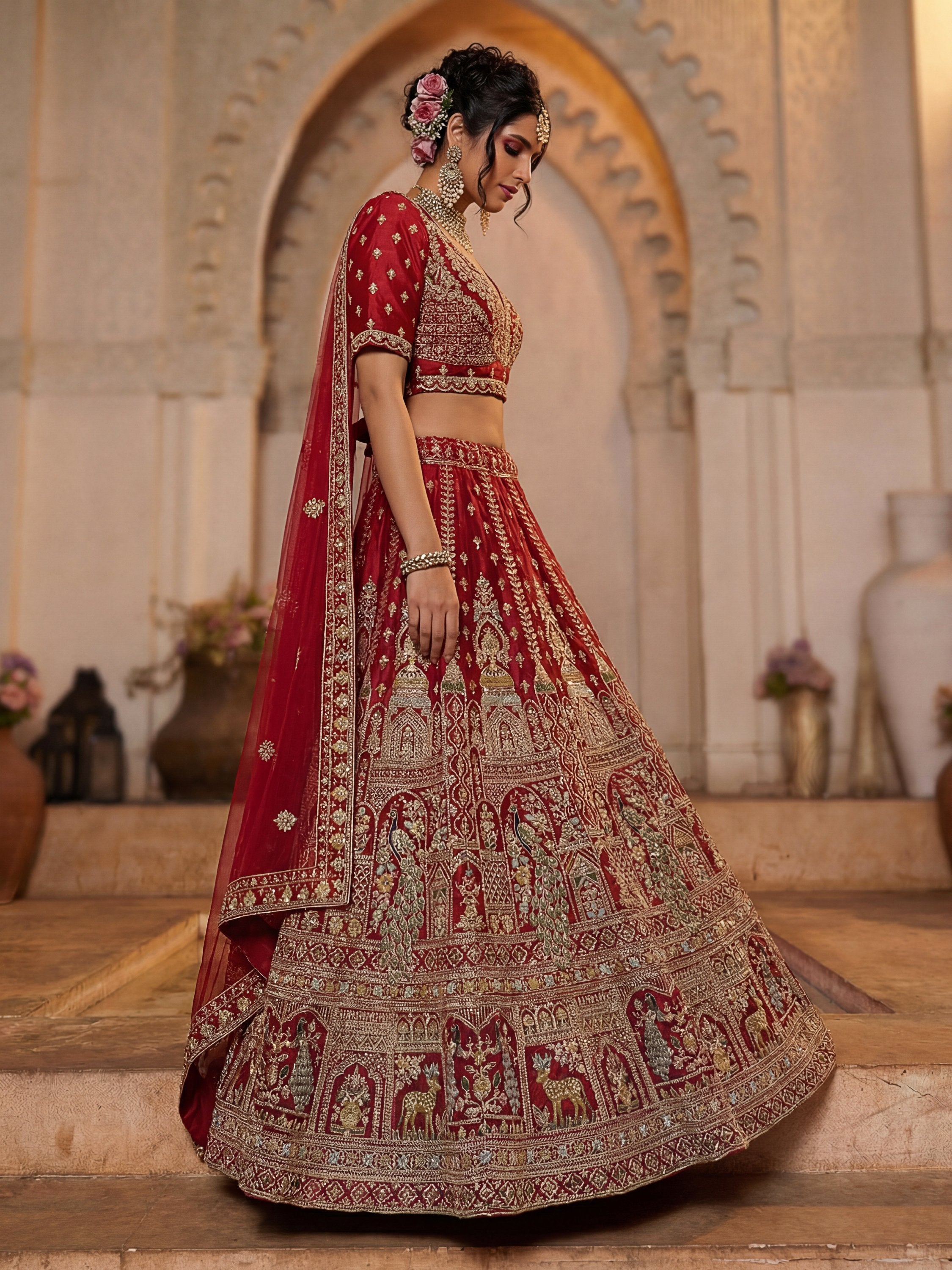 Sensational Red Thread Work Silk Bridal Lehenga Choli With Double Dupatta