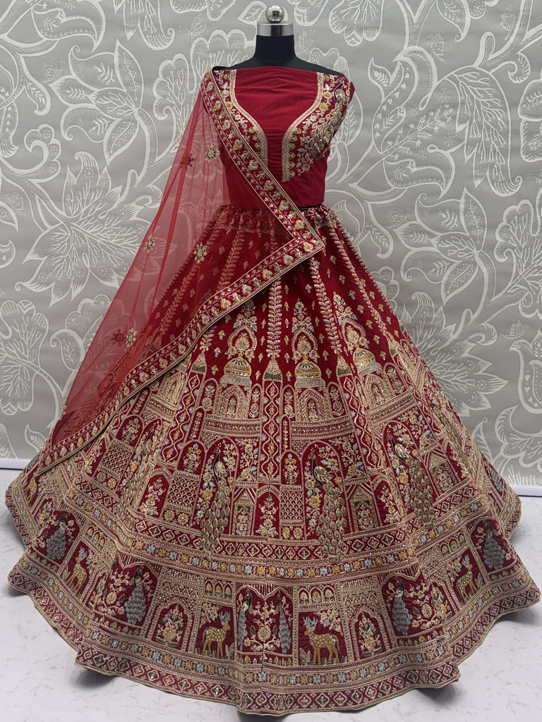 Sensational Red Thread Work Silk Bridal Lehenga Choli With Double Dupatta