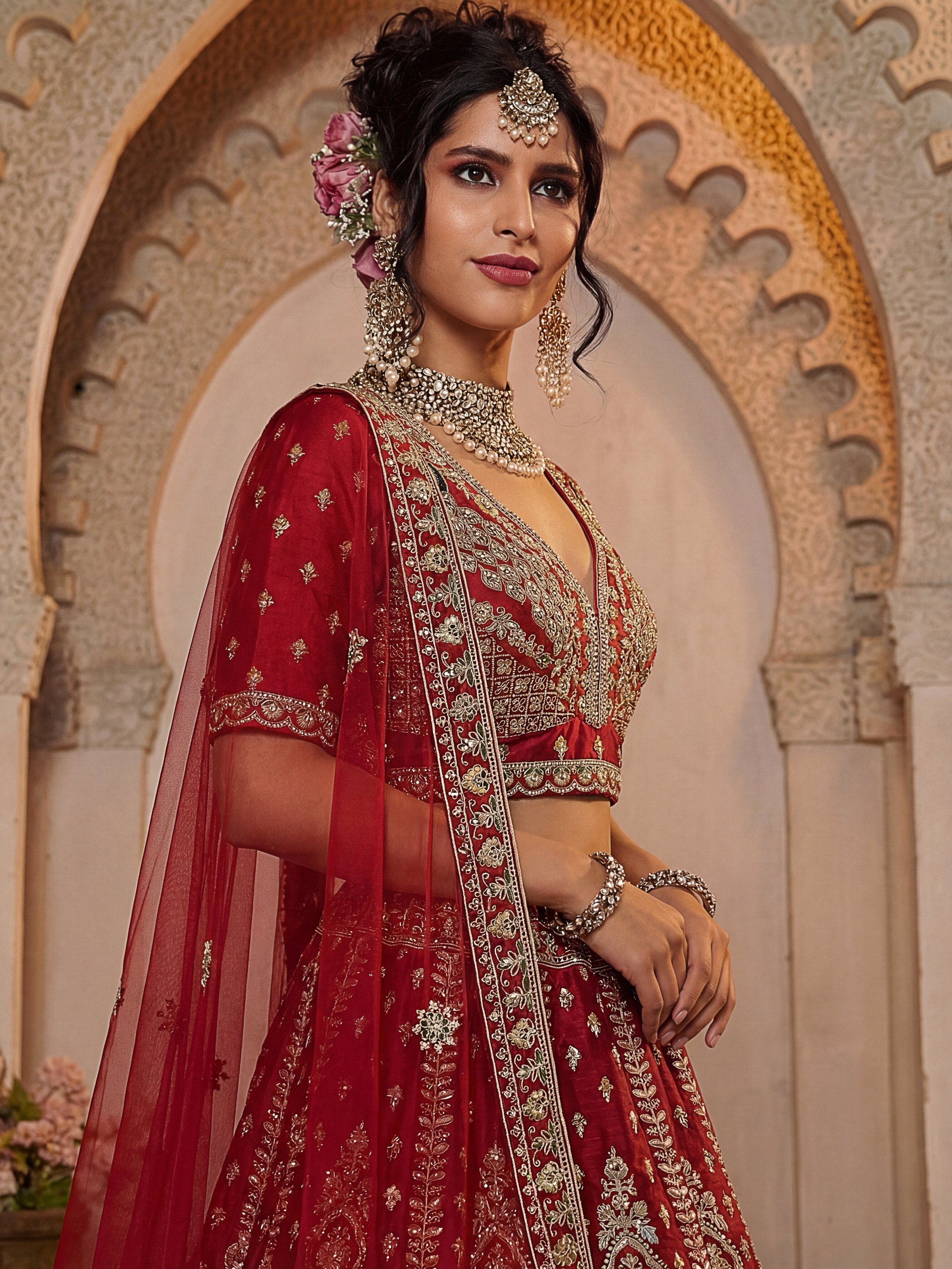 Sensational Red Thread Work Silk Bridal Lehenga Choli With Double Dupatta
