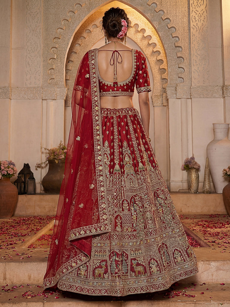 Sensational Red Thread Work Silk Bridal Lehenga Choli With Double Dupatta