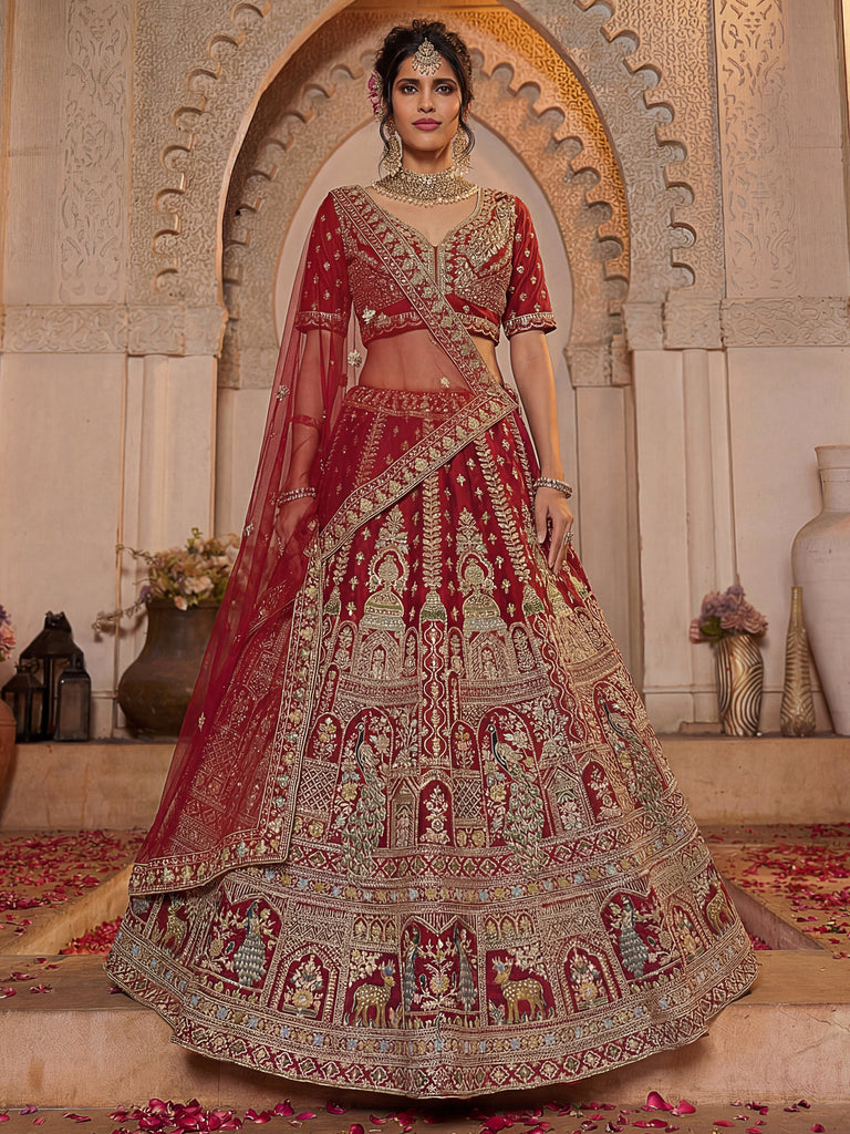Sensational Red Thread Work Silk Bridal Lehenga Choli With Double Dupatta