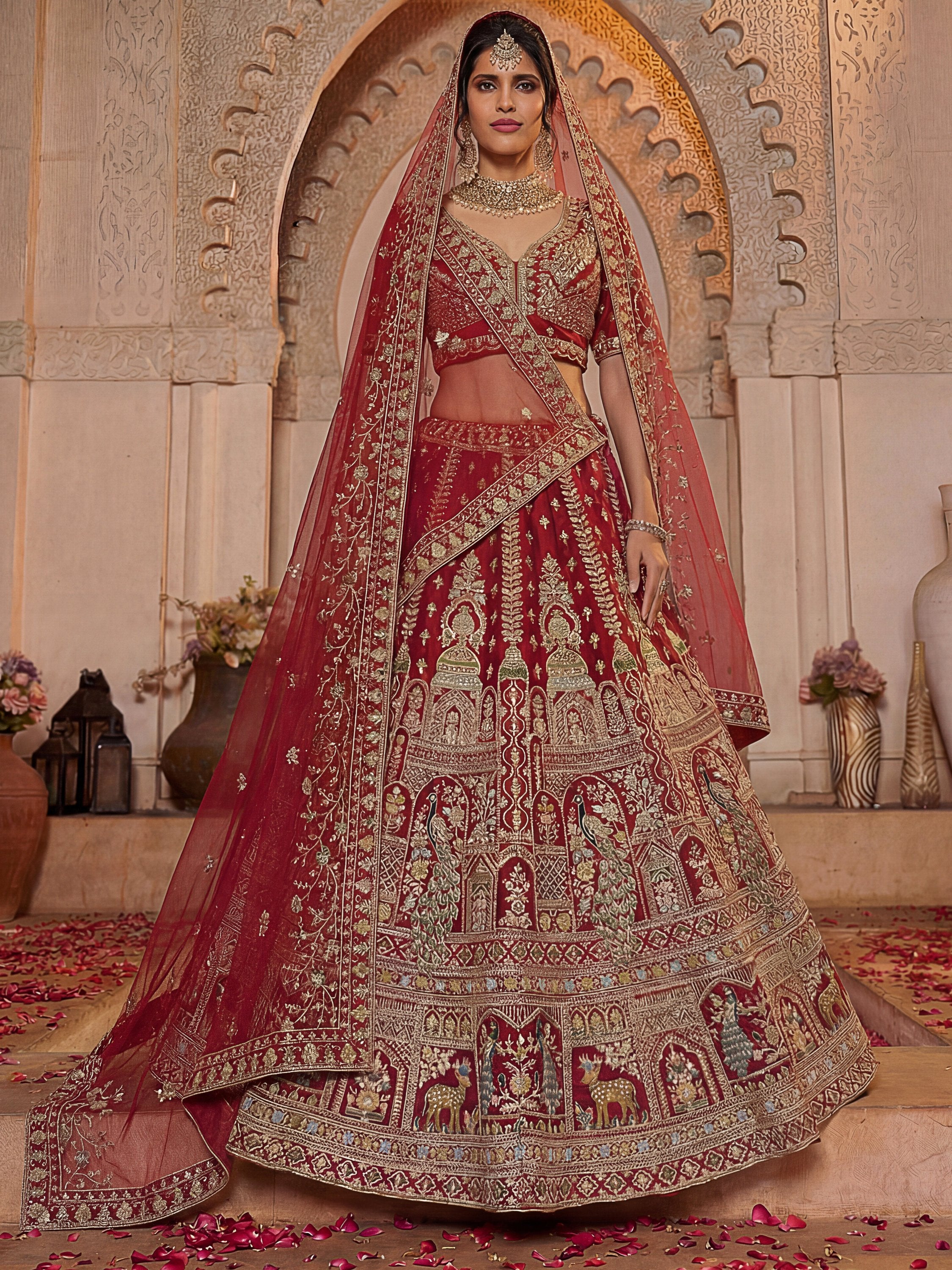 Sensational Red Thread Work Silk Bridal Lehenga Choli With Double Dupatta