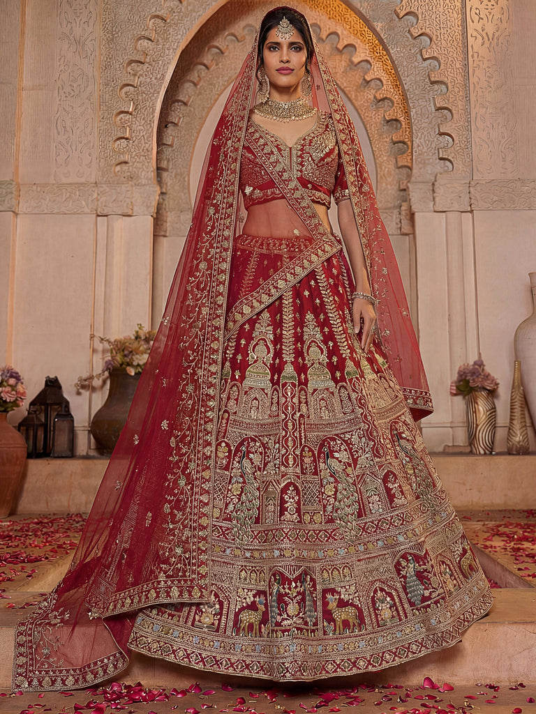 Sensational Red Thread Work Silk Bridal Lehenga Choli With Double Dupatta
