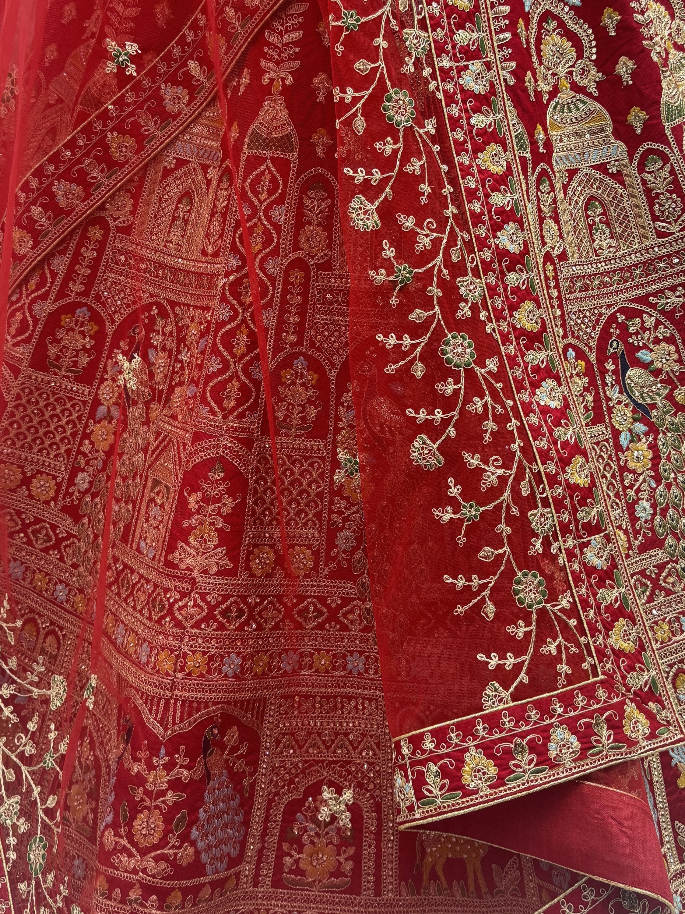 Sensational Red Thread Work Silk Bridal Lehenga Choli With Double Dupatta
