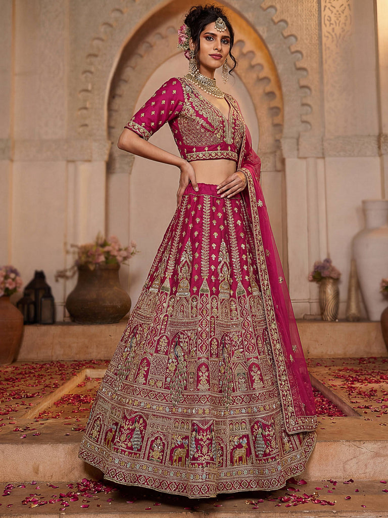 Dazzling Rani Pink Zari Work Silk Bridal Lehenga Choli With Double Dupatta