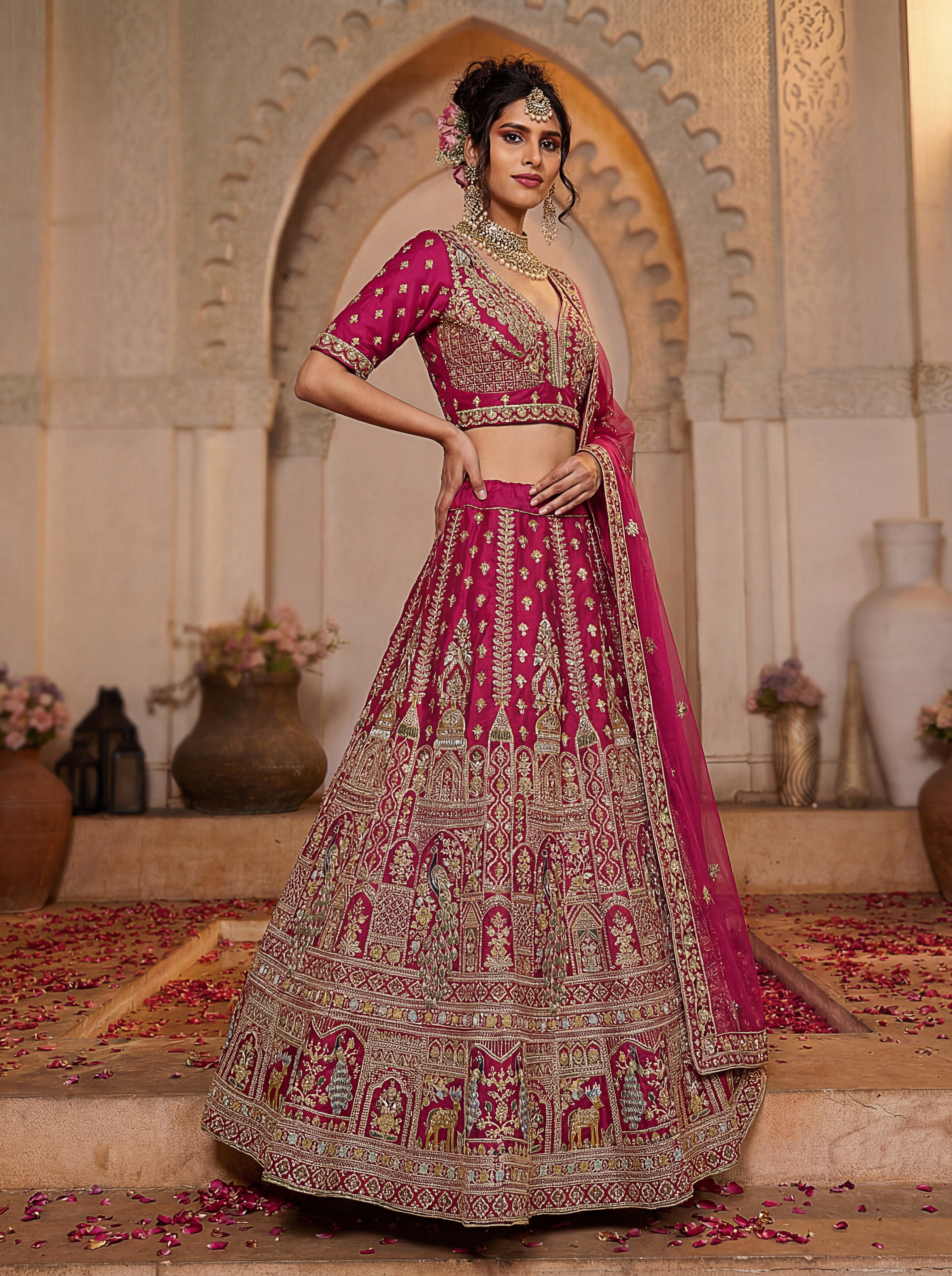 Dazzling Rani Pink Zari Work Silk Bridal Lehenga Choli With Double Dupatta