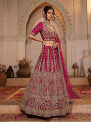Dazzling Rani Pink Zari Work Silk Bridal Lehenga Choli With Double Dupatta