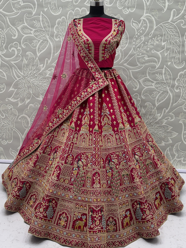 Dazzling Rani Pink Zari Work Silk Bridal Lehenga Choli With Double Dupatta