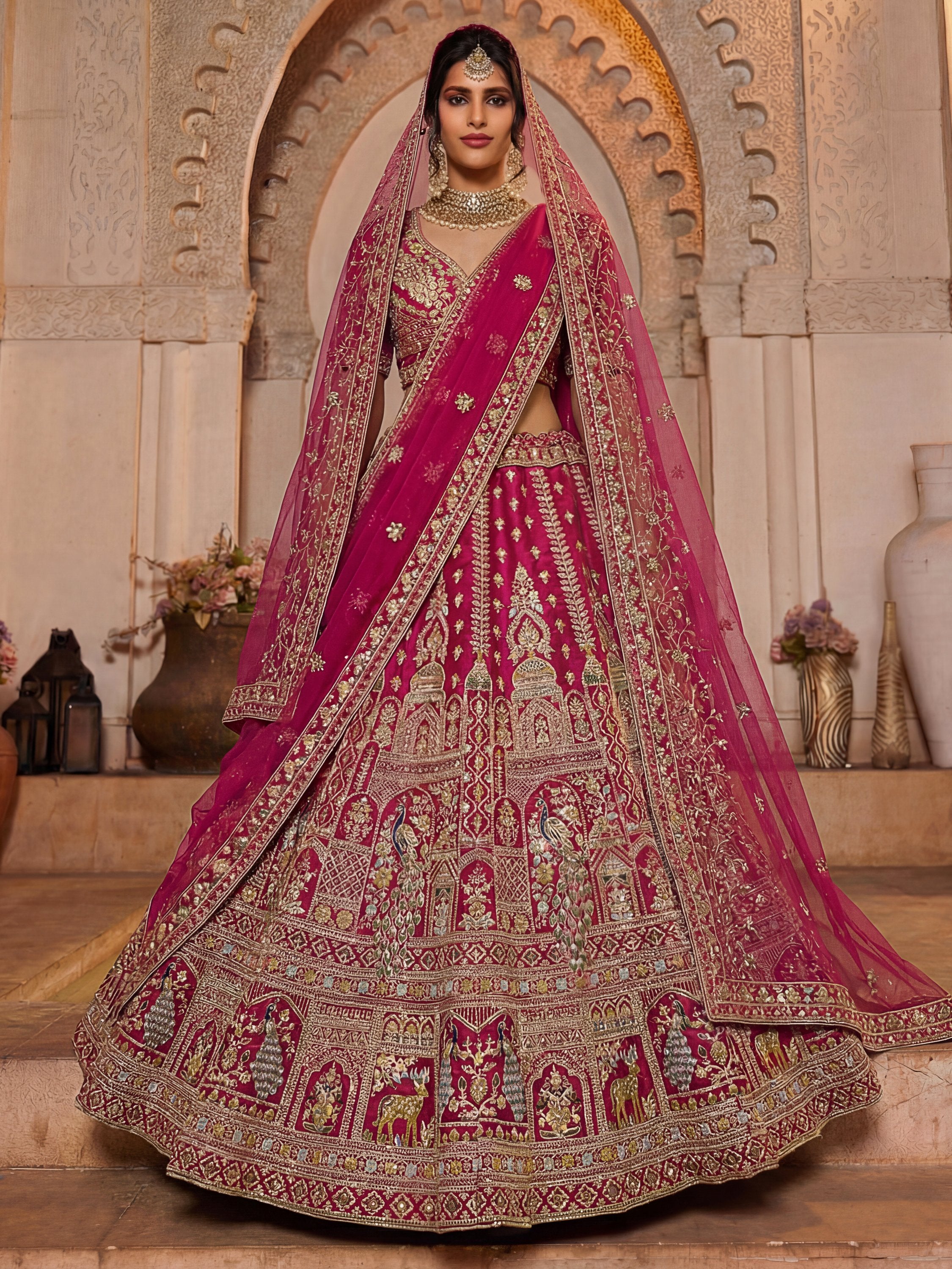 Dazzling Rani Pink Zari Work Silk Bridal Lehenga Choli With Double Dupatta