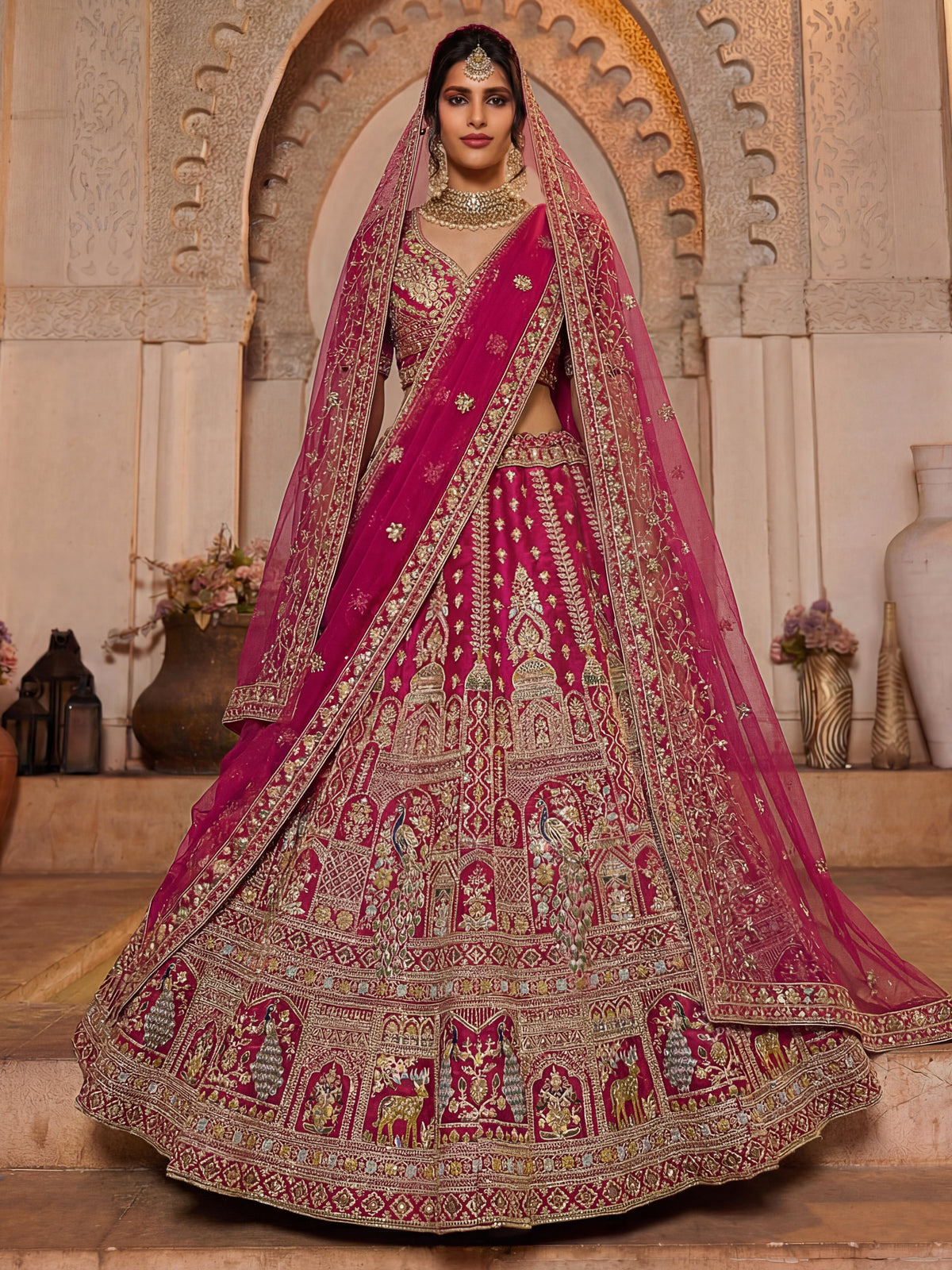 Dazzling Rani Pink Zari Work Silk Bridal Lehenga Choli With Double Dupatta