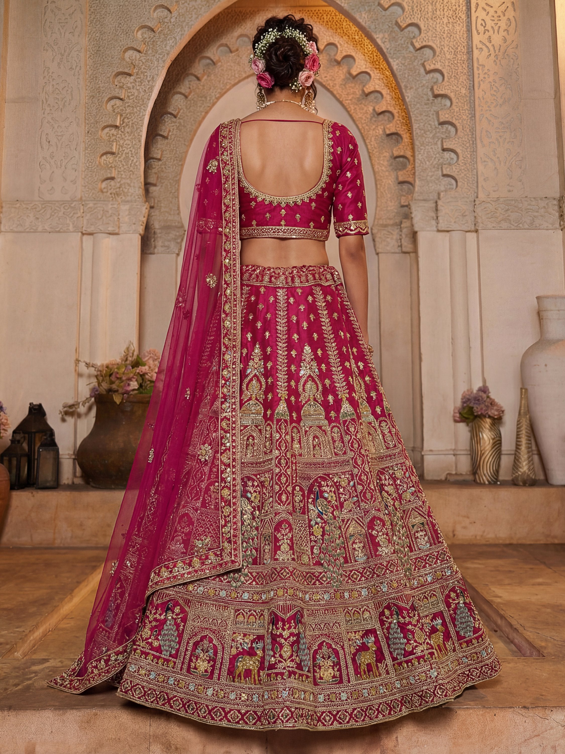Dazzling Rani Pink Zari Work Silk Bridal Lehenga Choli With Double Dupatta