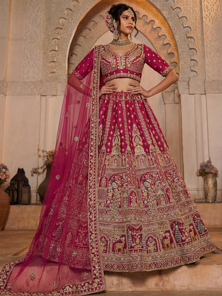 Dazzling Rani Pink Zari Work Silk Bridal Lehenga Choli With Double Dupatta