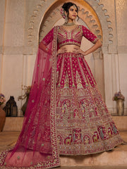 Dazzling Rani Pink Zari Work Silk Bridal Lehenga Choli With Double Dupatta