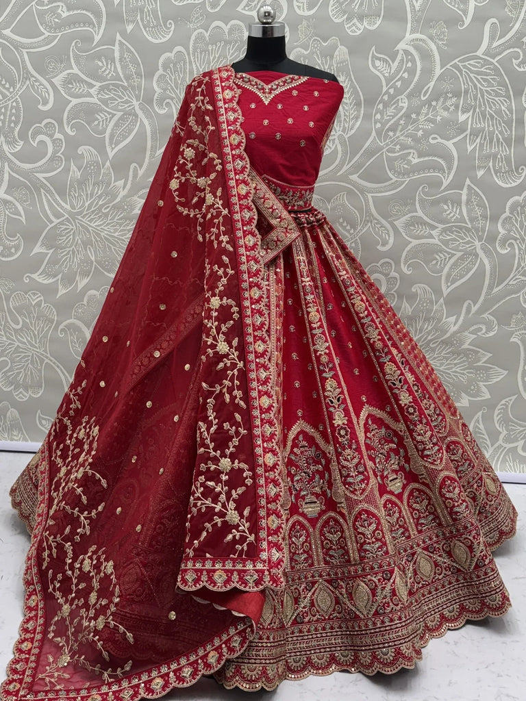 Ravishing Red Zari Embroidery Silk Bridal Lehenga Choli With Double Dupatta