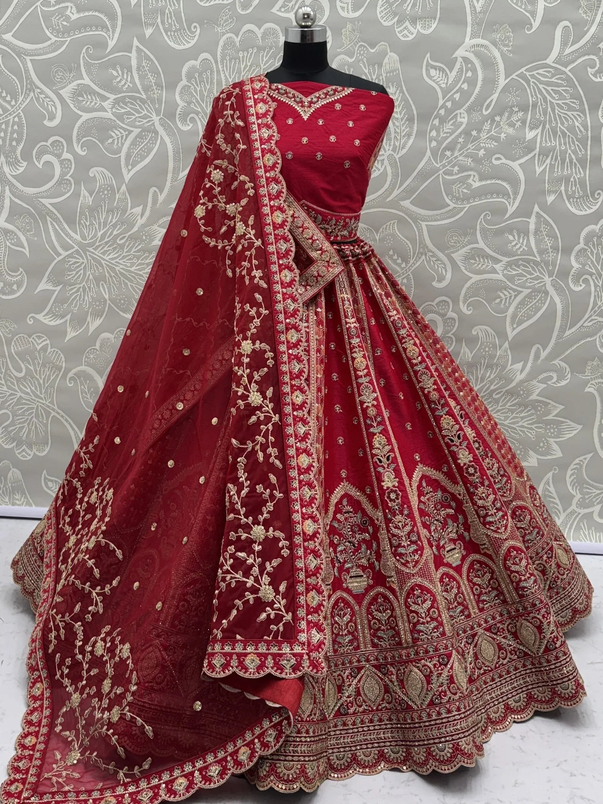 Ravishing Red Zari Embroidery Silk Bridal Lehenga Choli With Double Dupatta