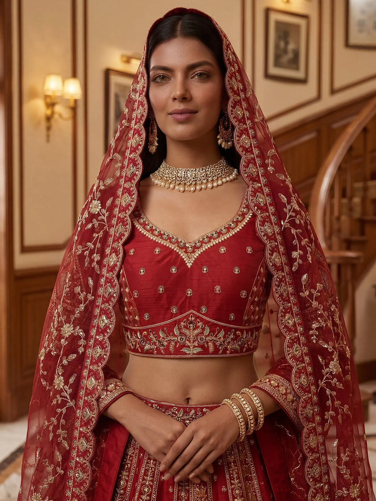 Ravishing Red Zari Embroidery Silk Bridal Lehenga Choli With Double Dupatta