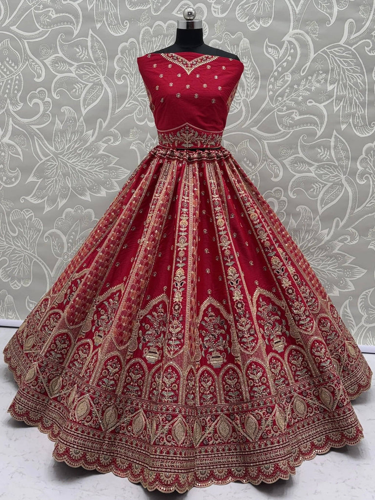 Ravishing Red Zari Embroidery Silk Bridal Lehenga Choli With Double Dupatta