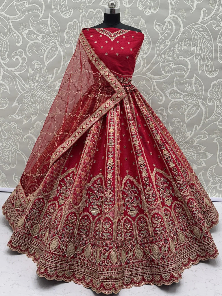 Ravishing Red Zari Embroidery Silk Bridal Lehenga Choli With Double Dupatta