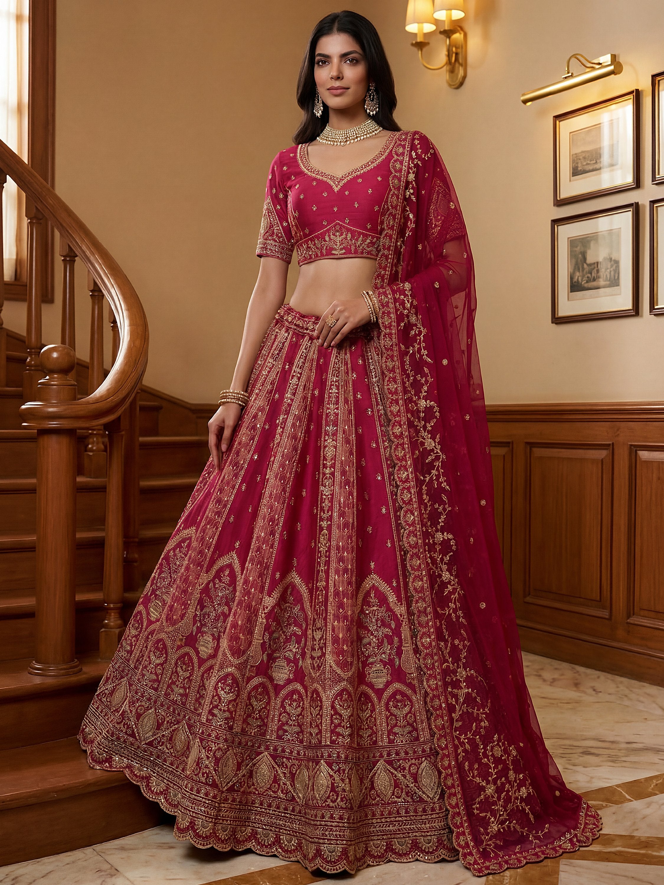 Sparkling Pink Thread Embroidered Silk Bridal Lehenga Choli With Double Dupatta