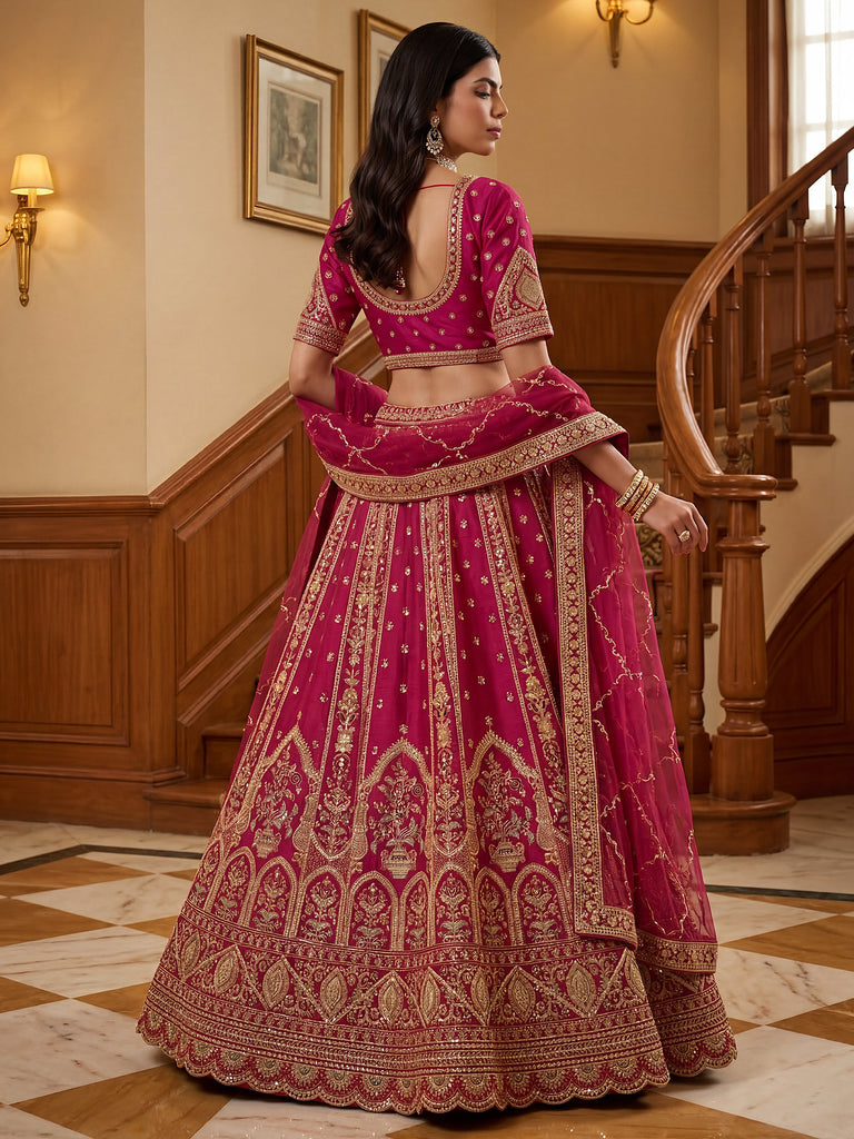 Sparkling Pink Thread Embroidered Silk Bridal Lehenga Choli With Double Dupatta