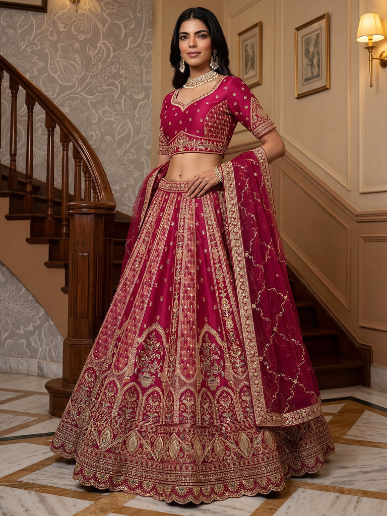 Sparkling Pink Thread Embroidered Silk Bridal Lehenga Choli With Double Dupatta