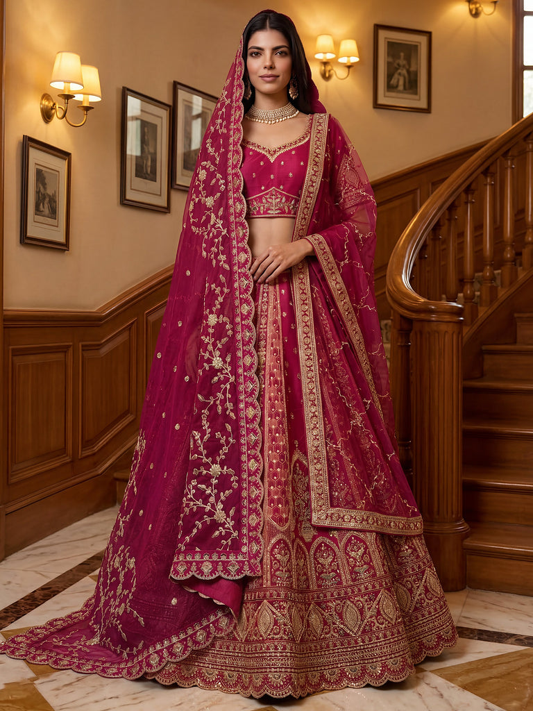 Sparkling Pink Thread Embroidered Silk Bridal Lehenga Choli With Double Dupatta