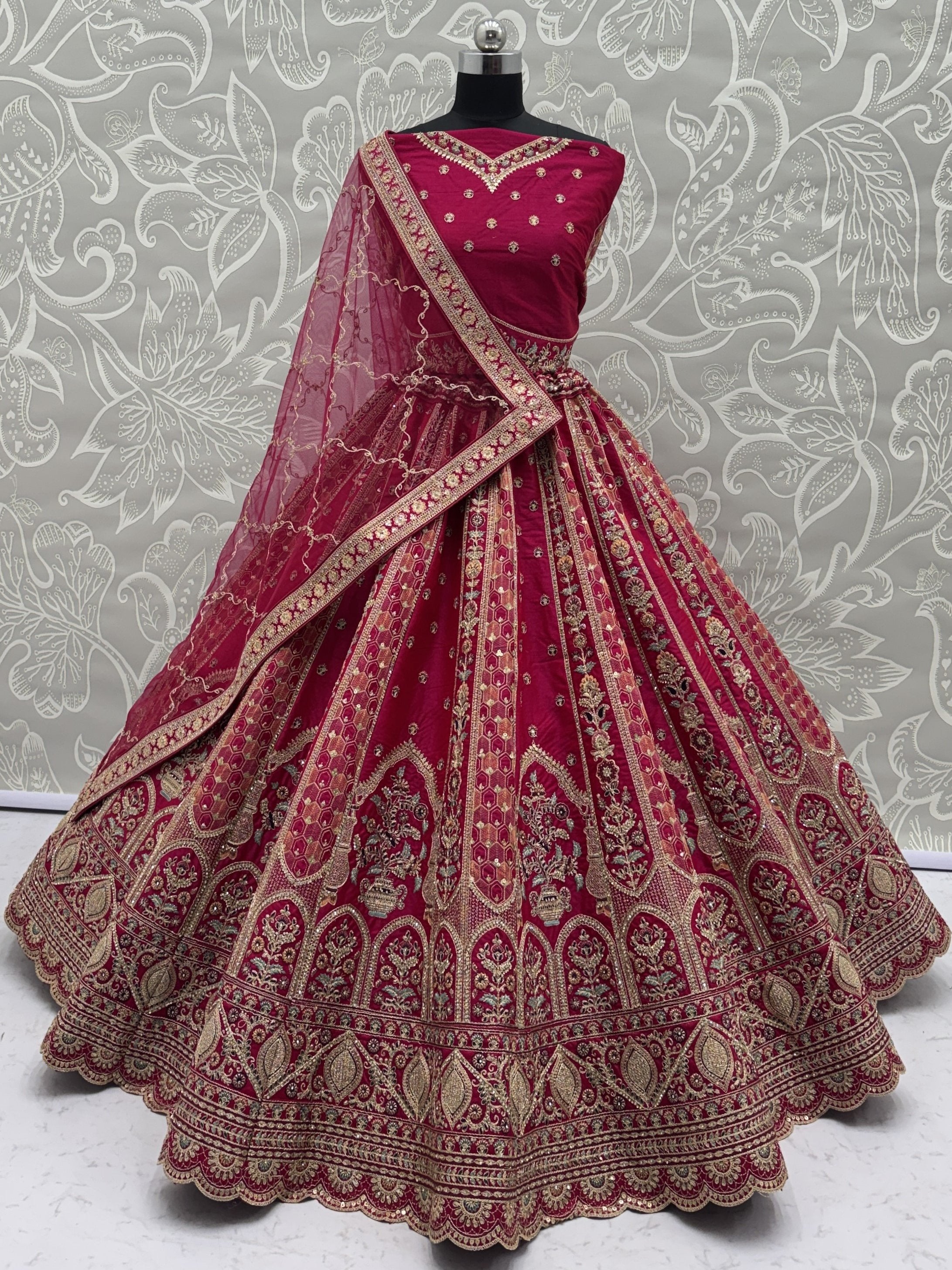 Sparkling Pink Thread Embroidered Silk Bridal Lehenga Choli With Double Dupatta