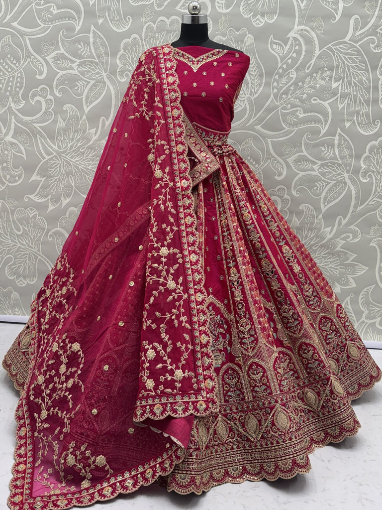 Sparkling Pink Thread Embroidered Silk Bridal Lehenga Choli With Double Dupatta