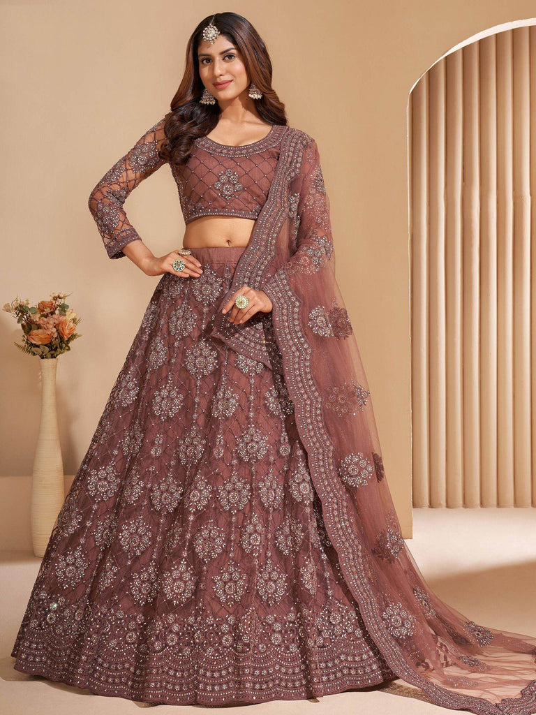Wonderful Brown Embroidered Net Wedding Wear Lehenga Choli
